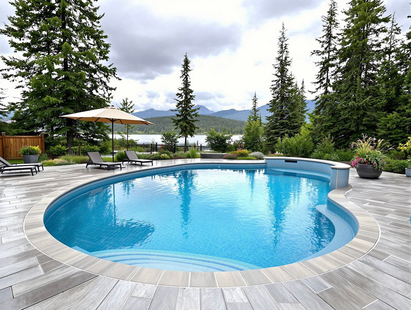 Freeform Pool with Evergreen and Lake Backdrop