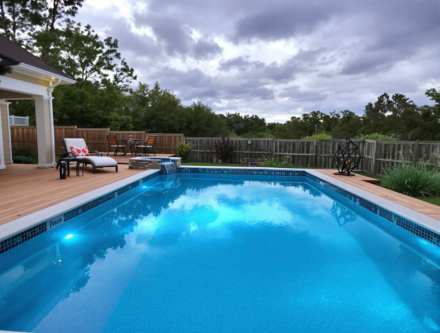 Deep Blue Pool with Wood Deck and Spa