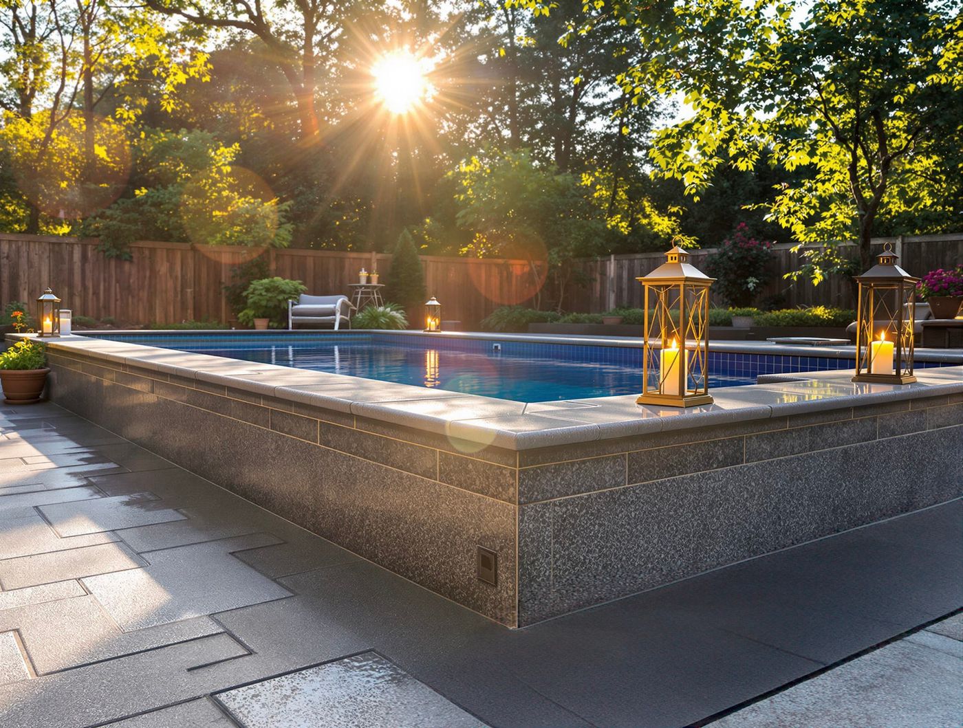 Sunlit Pool Coping with Candle Lanterns
