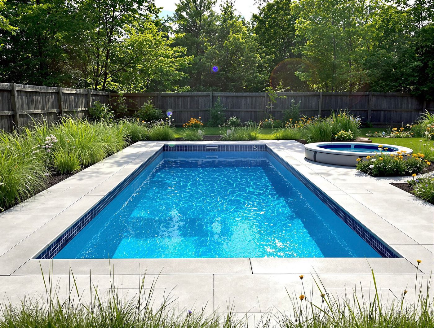 Rectangular Pool with Round Spa and Garden Border