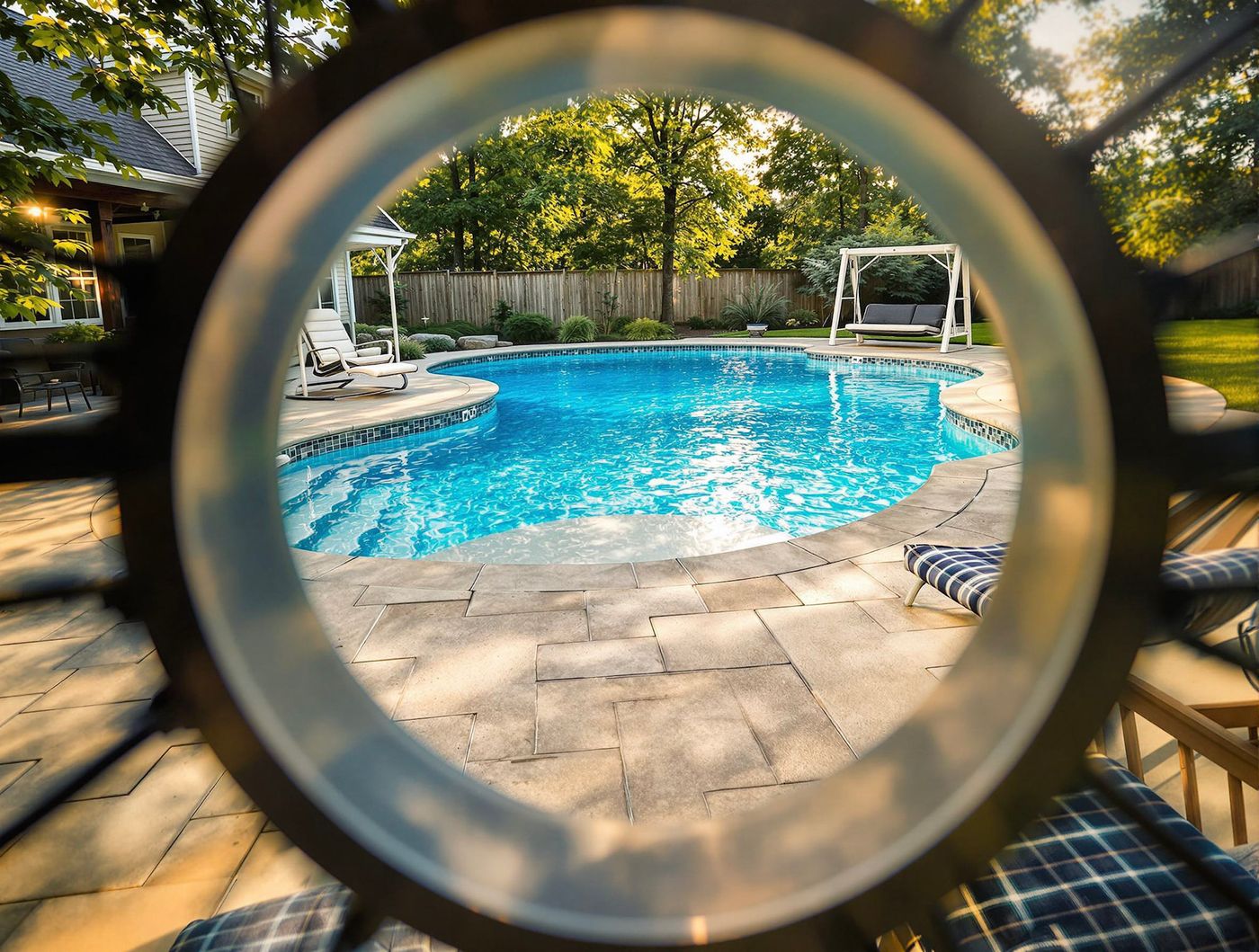 Pool View Framed Through Round Metal Porthole