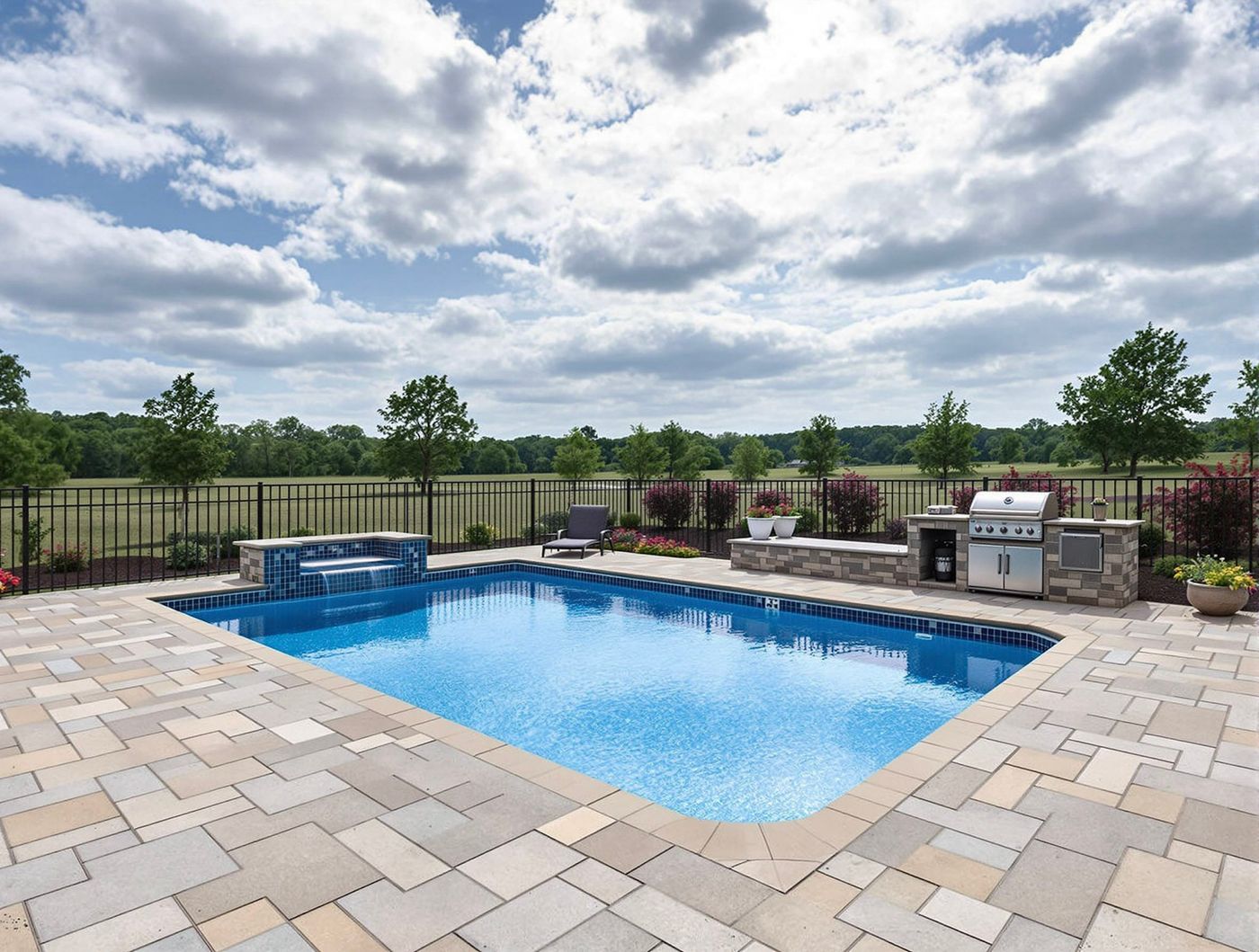 Rectangular Pool with Raised Spa and Open Field View