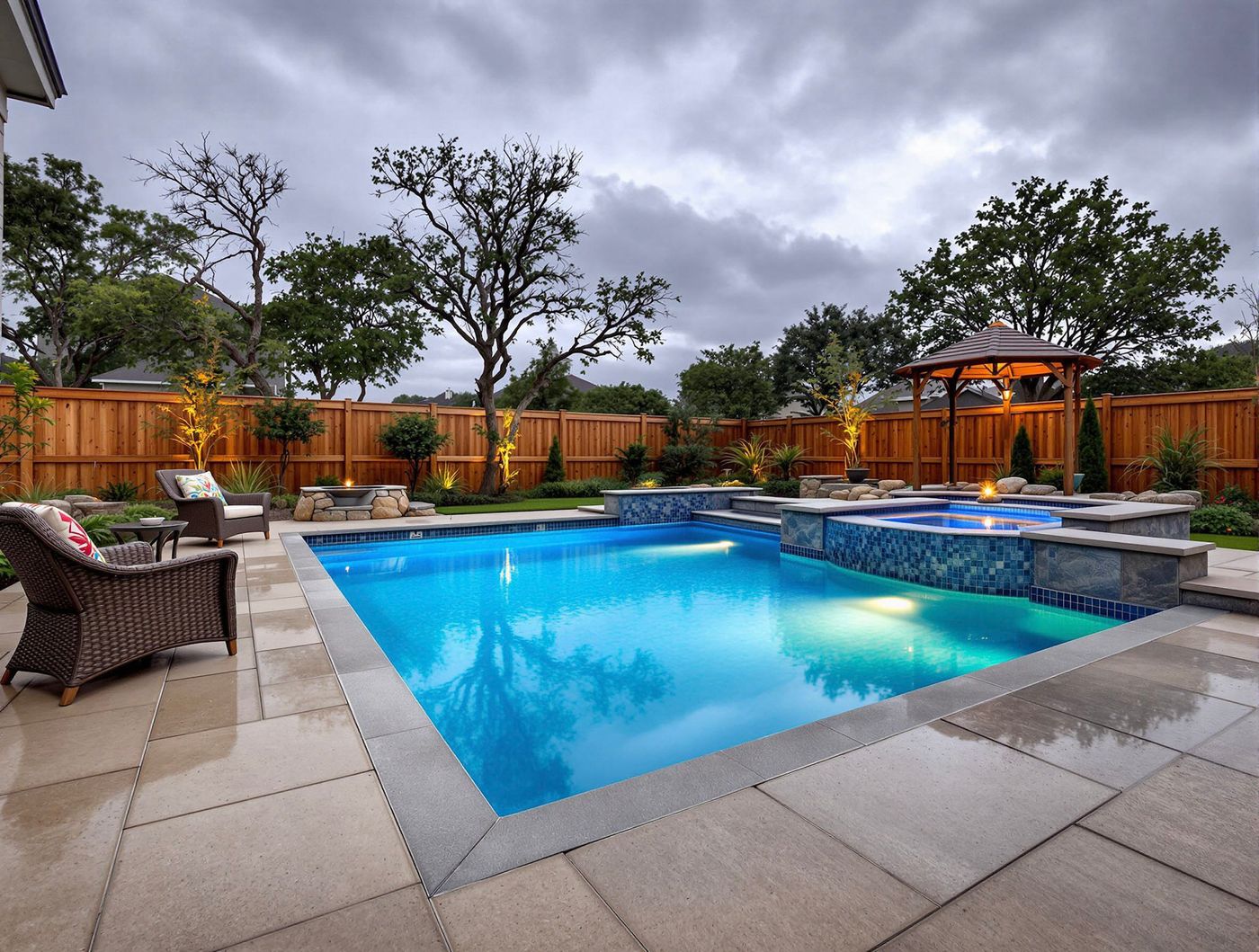 Evening Pool with Tiled Spa and Garden Gazebo