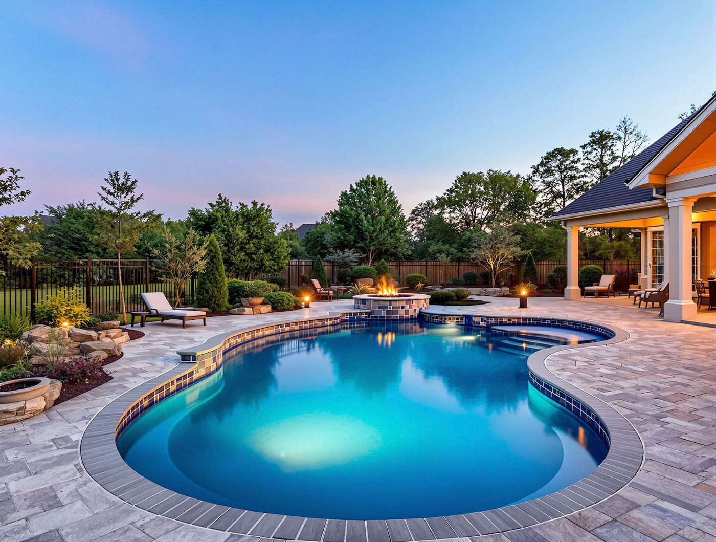 Kidney Pool with Fire Pit at Dusk