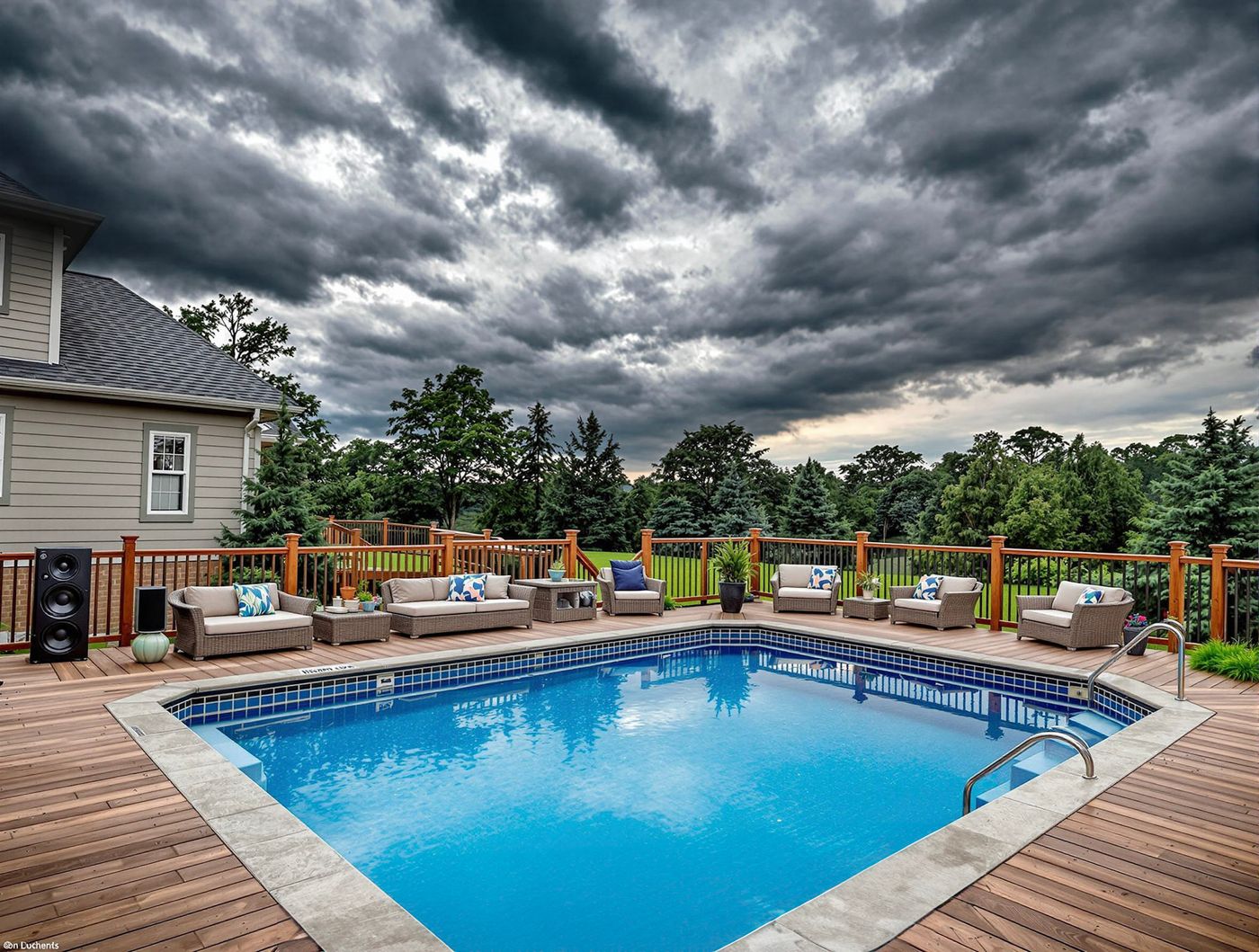 Rectangular Deck Pool Under Storm Clouds