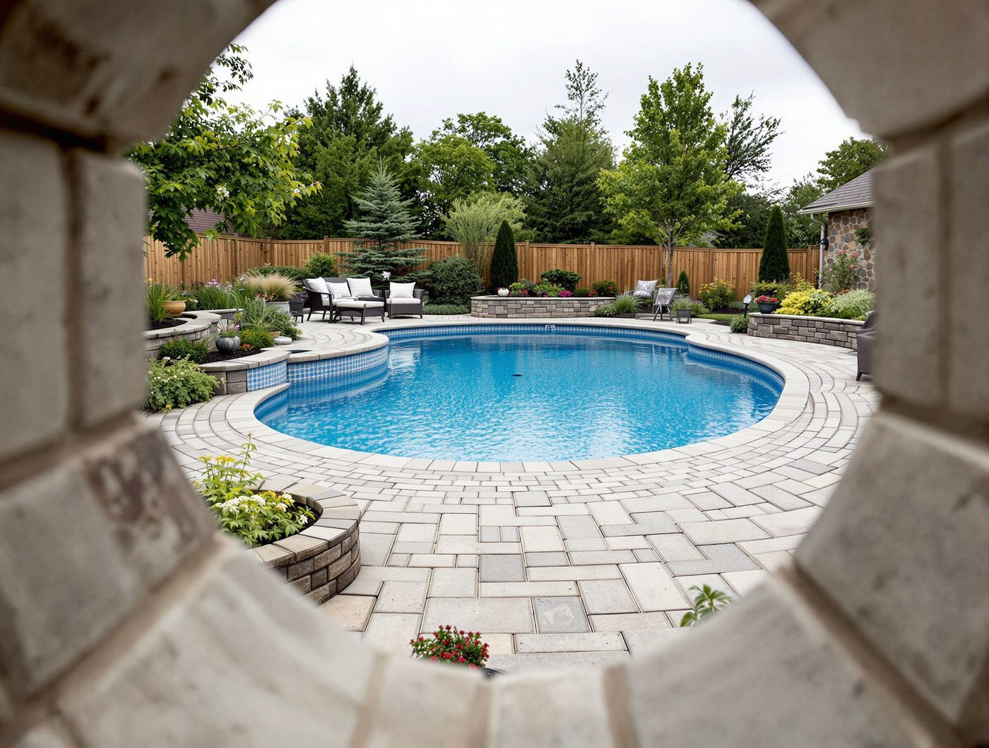 Round Pool Framed by Circular Brick Portal