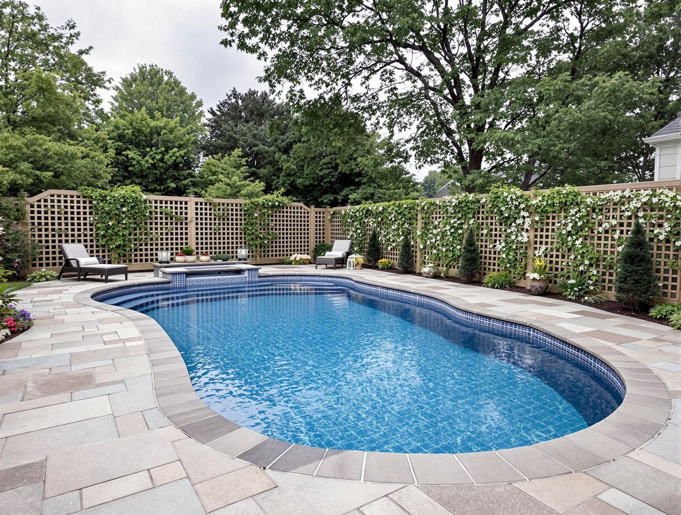 Kidney Pool with Flowering Lattice Fence