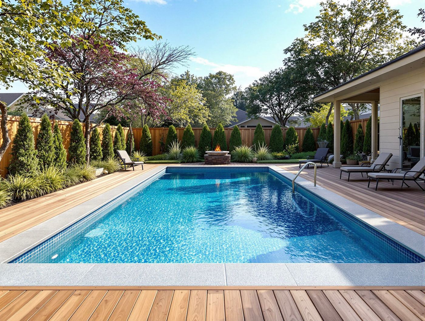 Rectangular Pool with Fire Bowl and Wood Deck