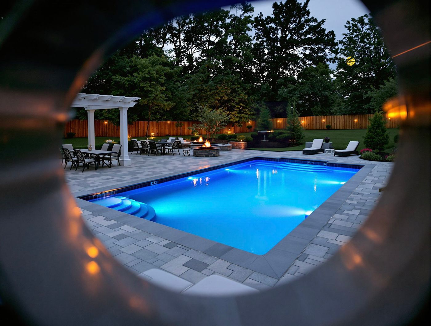Evening Pool Framed by Round Wood Ring
