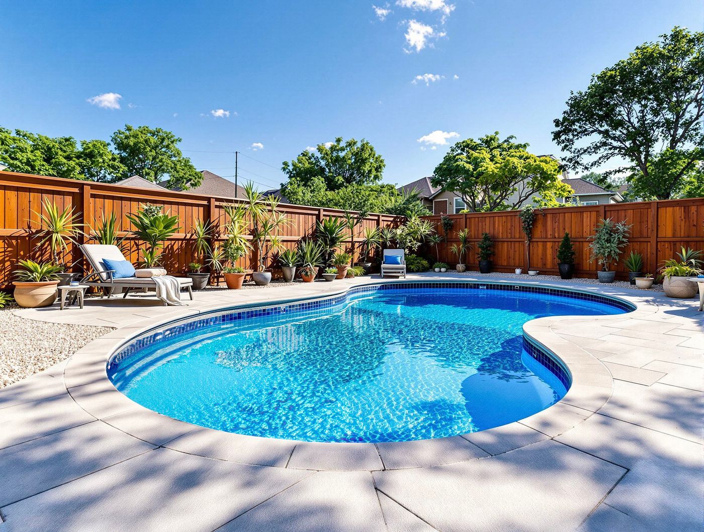 Kidney Pool with Potted Palms and Cedar Fence