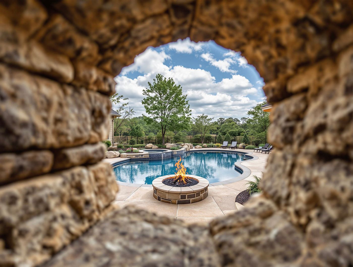 Pool Fire Pit Framed by Stone Archway