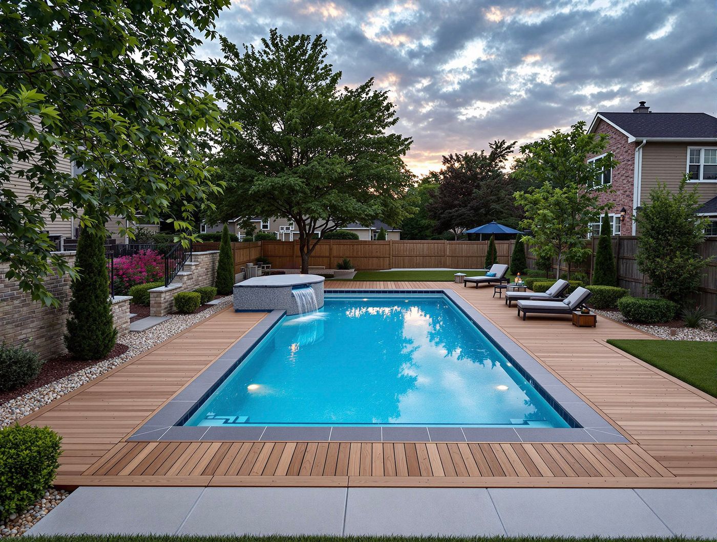 Rectangular Pool with Waterfall Spa at Dusk