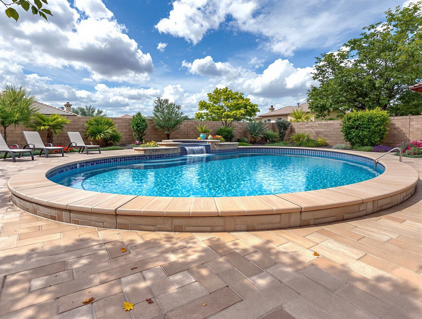 Round Pool with Palm Trees and Waterfall