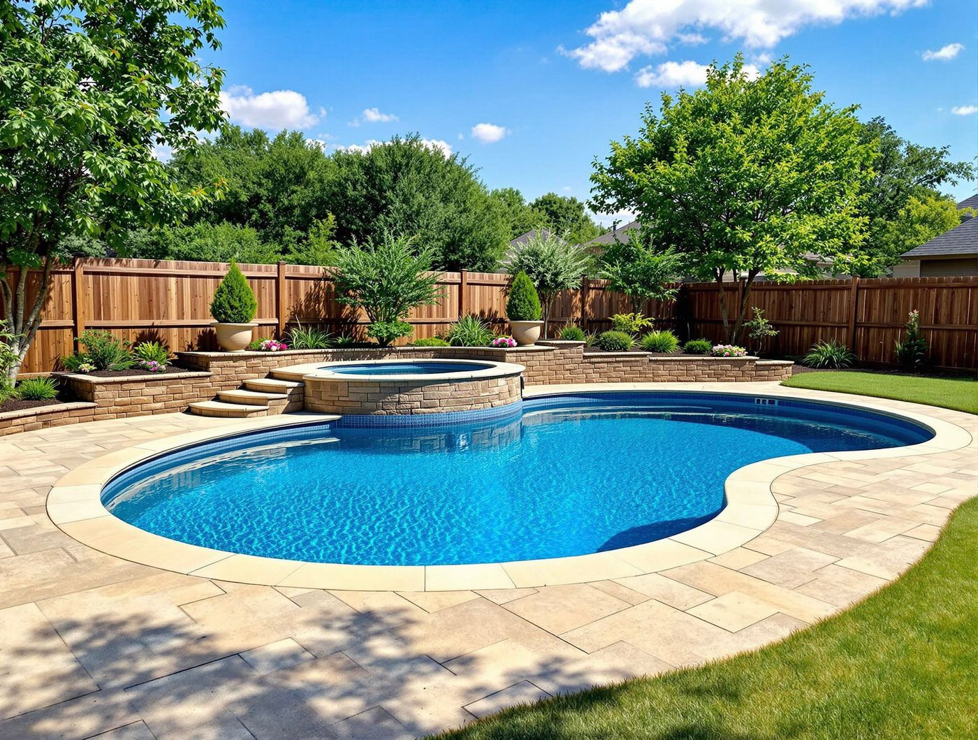 Kidney Pool with Raised Spa and Stone Terraces