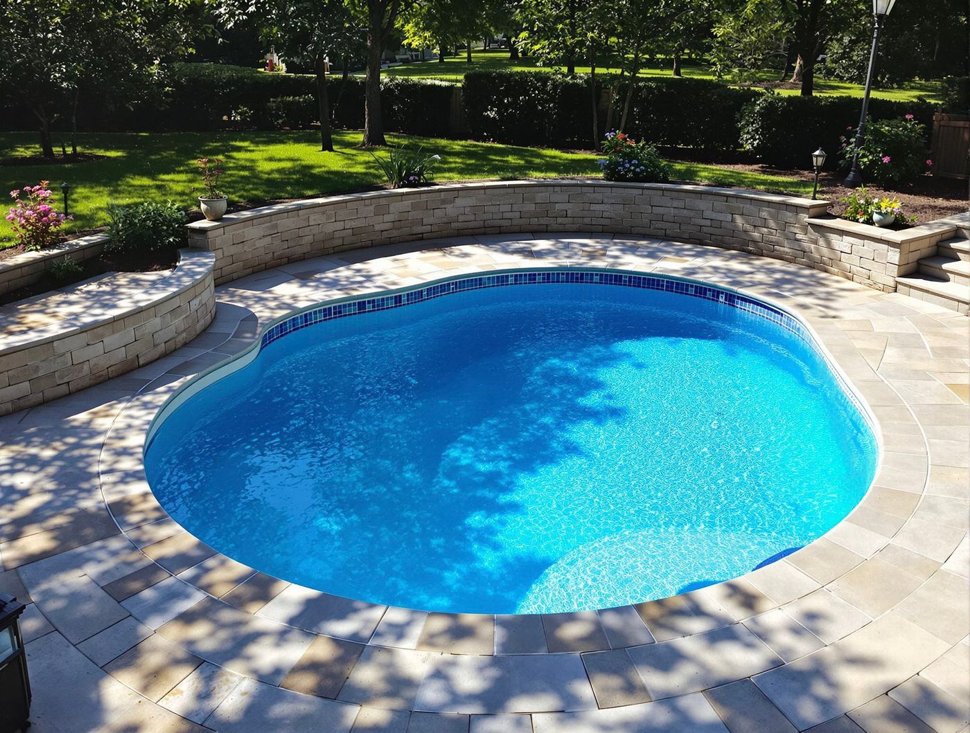 Freeform Pool with Curved Stone Retaining Wall