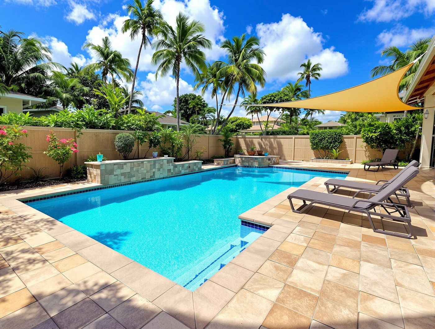 Tropical Pool with Palm Trees and Sail Shade
