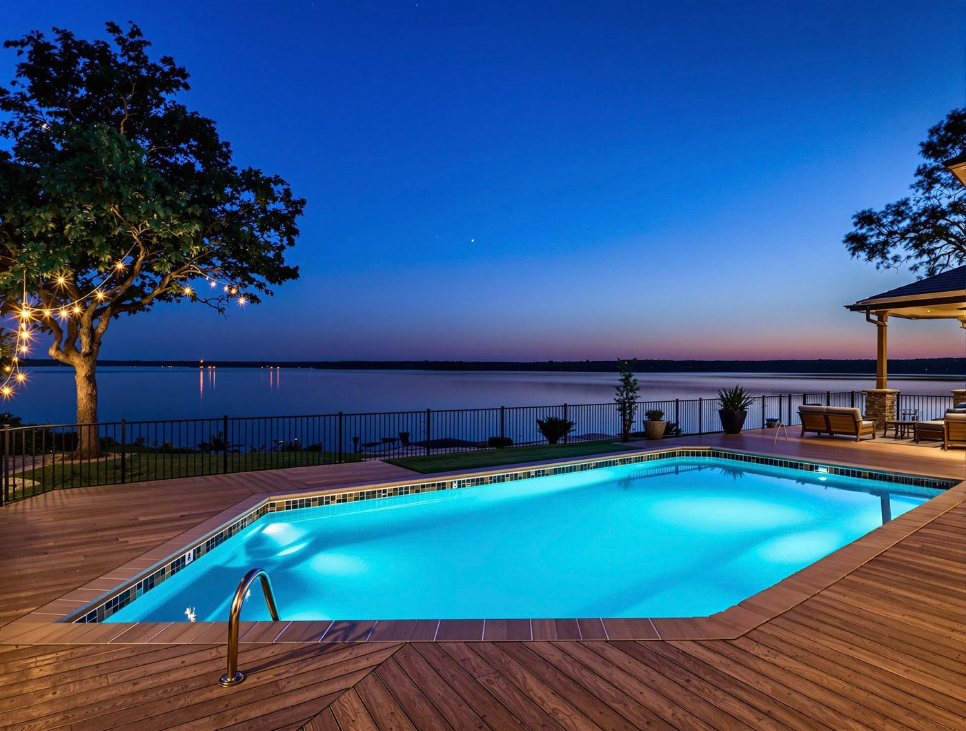 Lakeside Pool Lit at Twilight