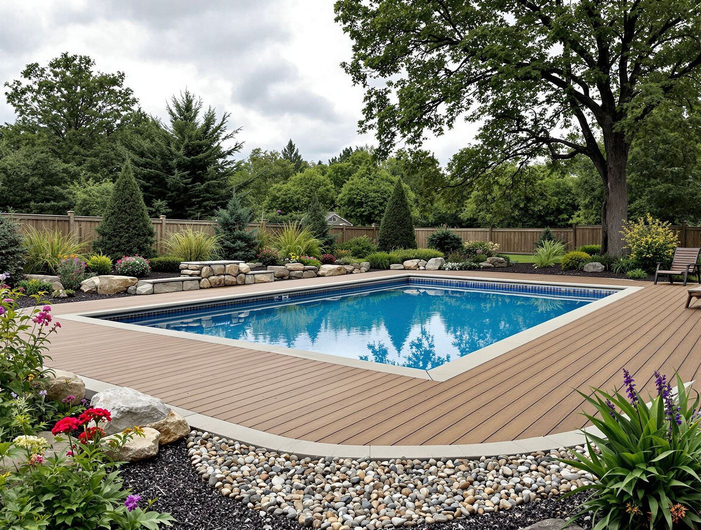 Wood Deck Pool with Boulder Border