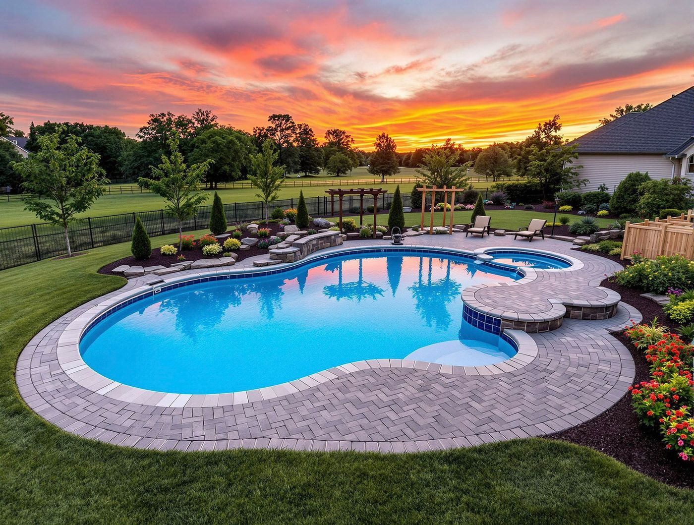 Sunset Pool with Wooden Pergola