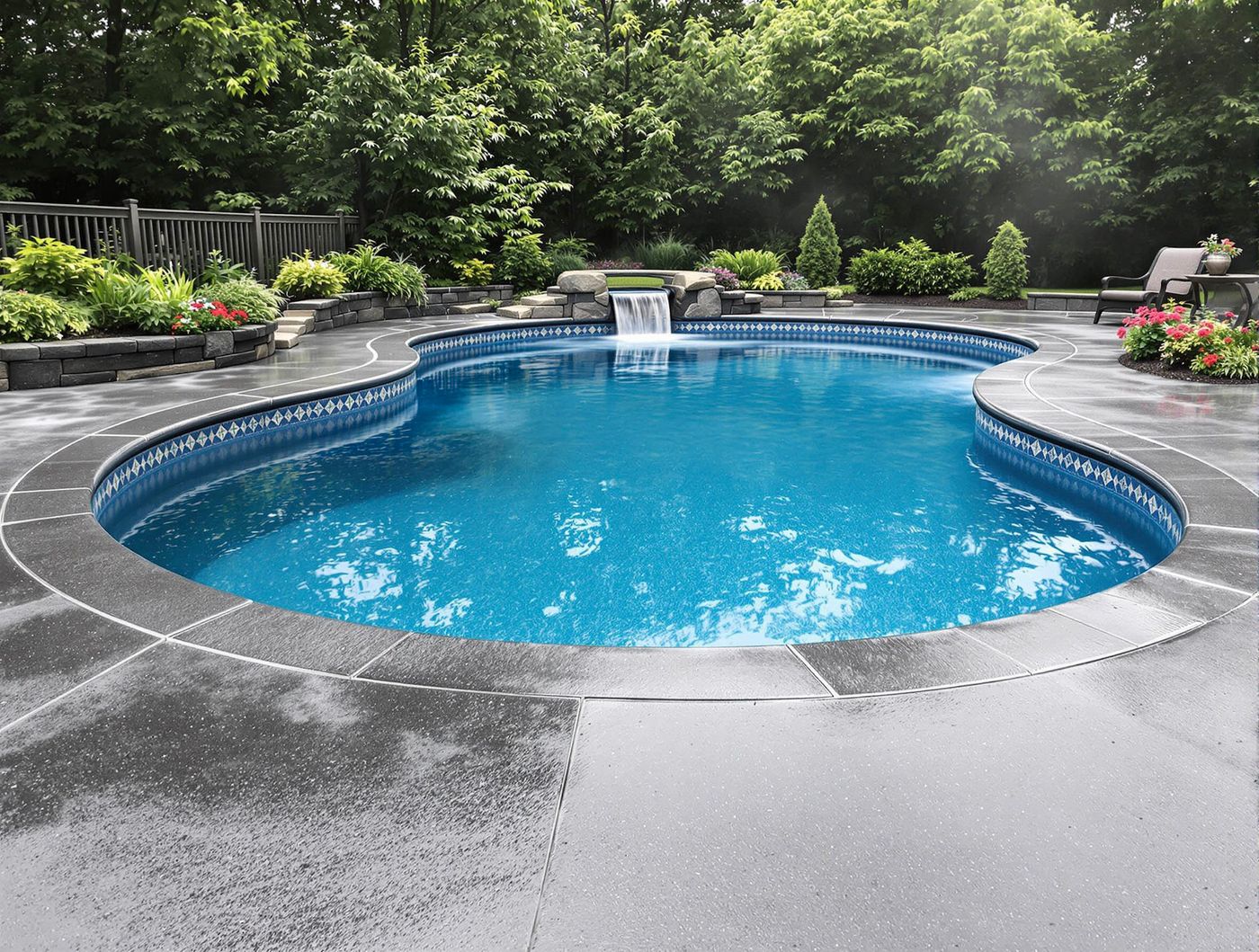 Vinyl Liner Pool with Stone Spillway
