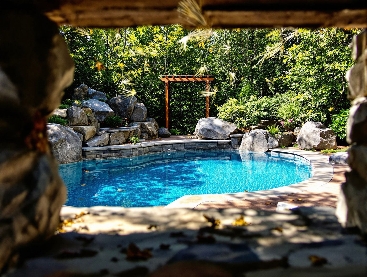 Boulder-Framed Pool Beneath Wooden Arbor