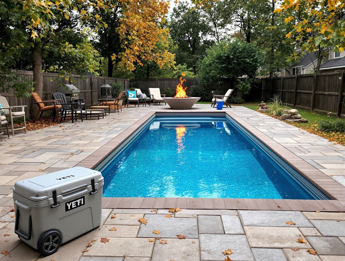 Fall Backyard Pool with Lit Fire Bowl