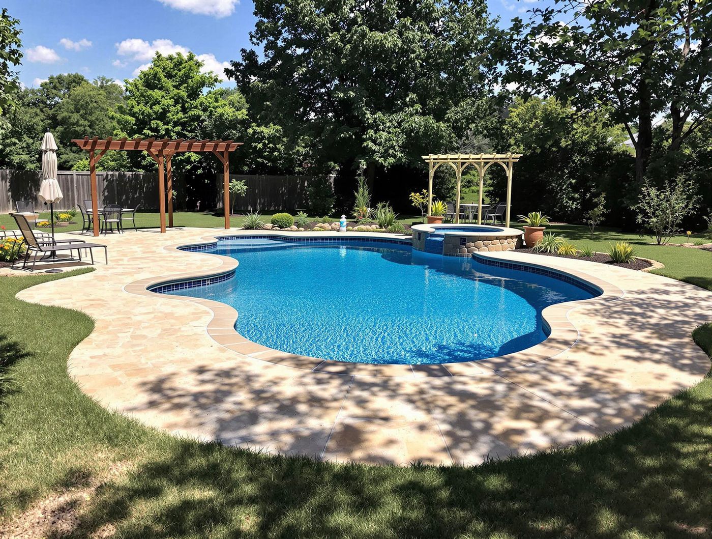 Freeform Pool with Twin Wood Pergolas