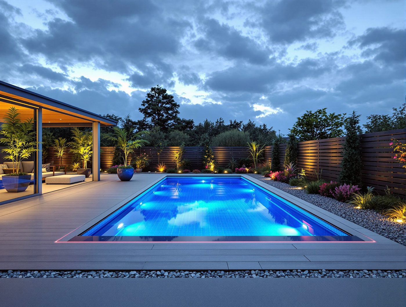 Blue-Lit Rectangular Pool at Twilight