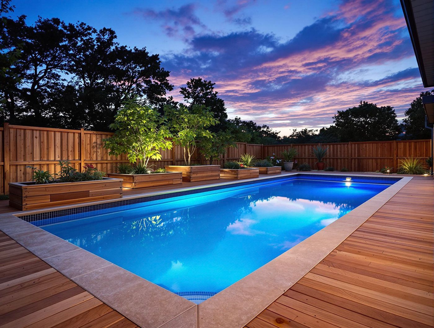 Sunset Pool with Wood Planter Boxes