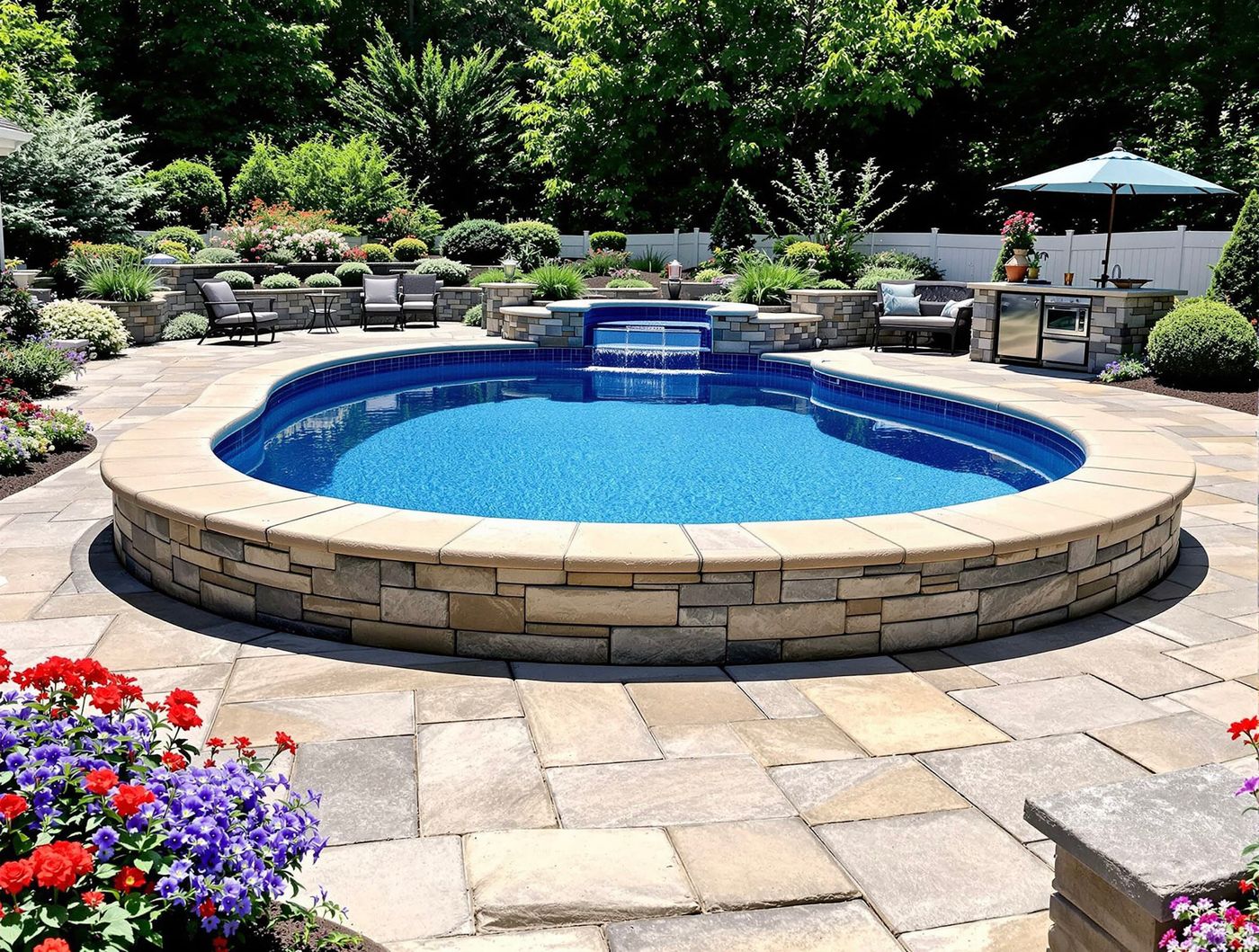 Raised Stone-Wall Round Pool with Bar
