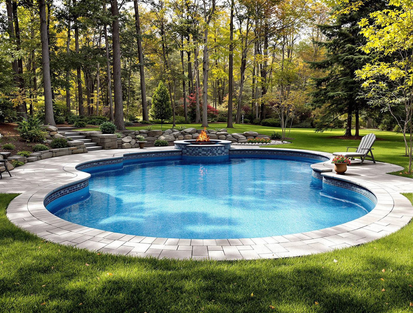 Freeform Pool with Fire Feature in Fall Woods