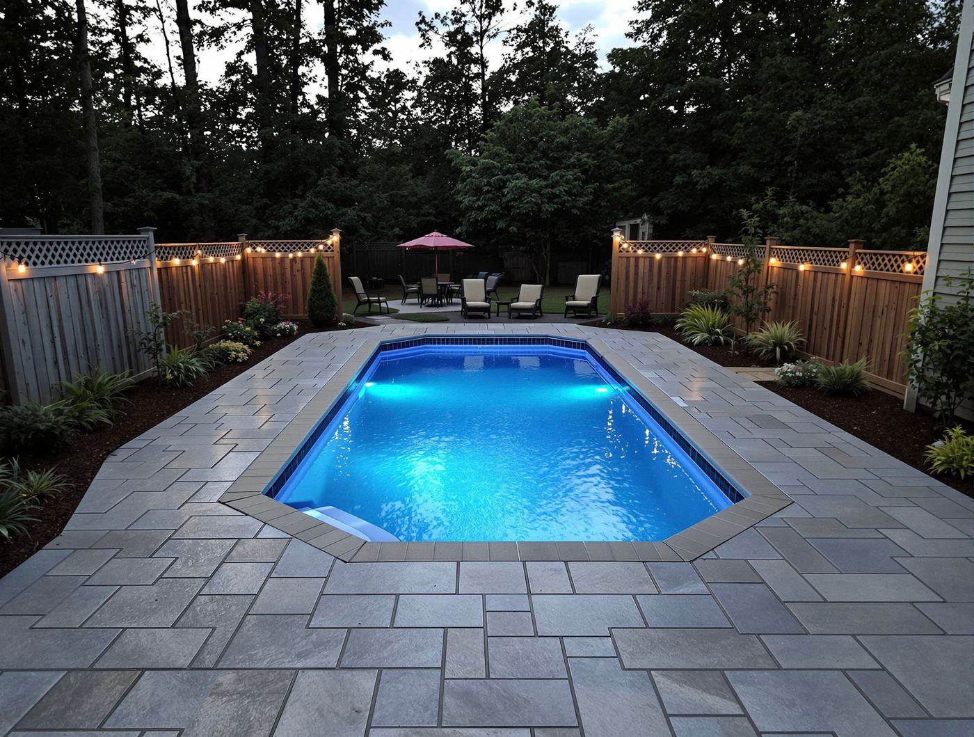 Hexagonal Pool Lit Blue at Dusk