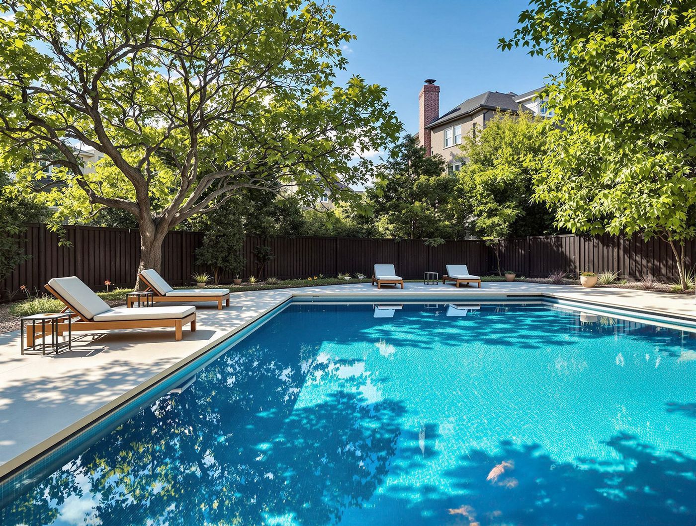 Sunlit Rectangular Pool by Dark Wood Fence