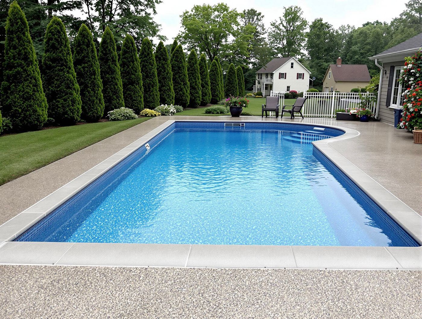 Traditional Pool Bordered by Arborvitae Hedge