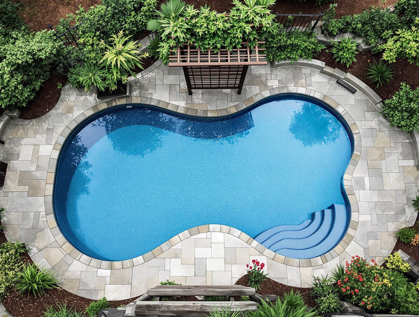 Aerial Figure-Eight Pool with Wood Trellis