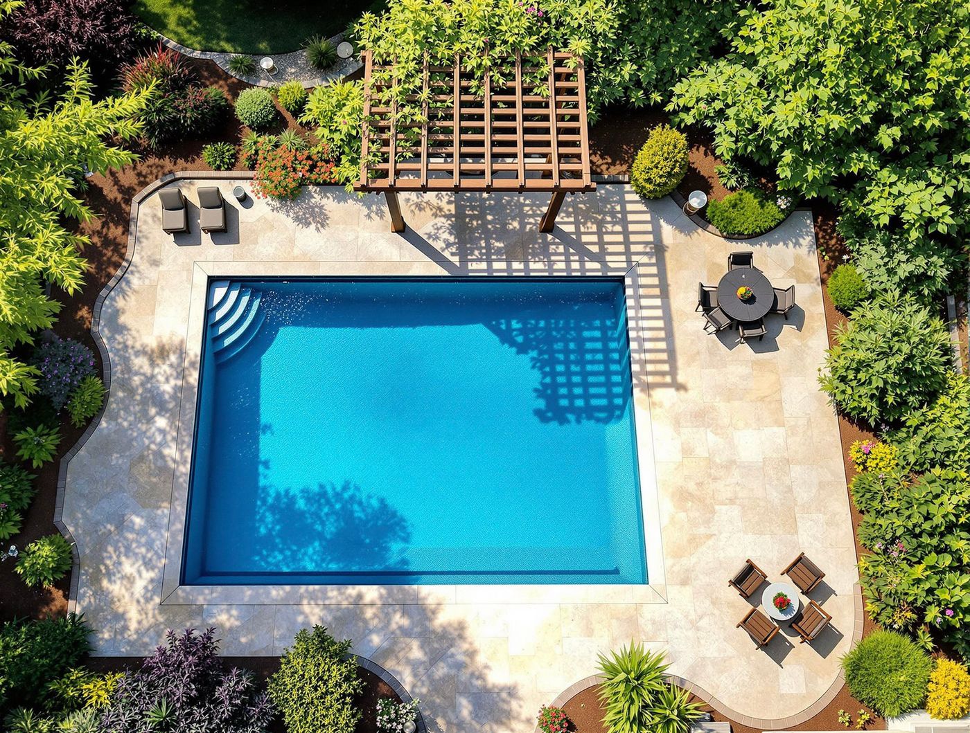 Aerial Rectangular Pool with Formal Garden Layout