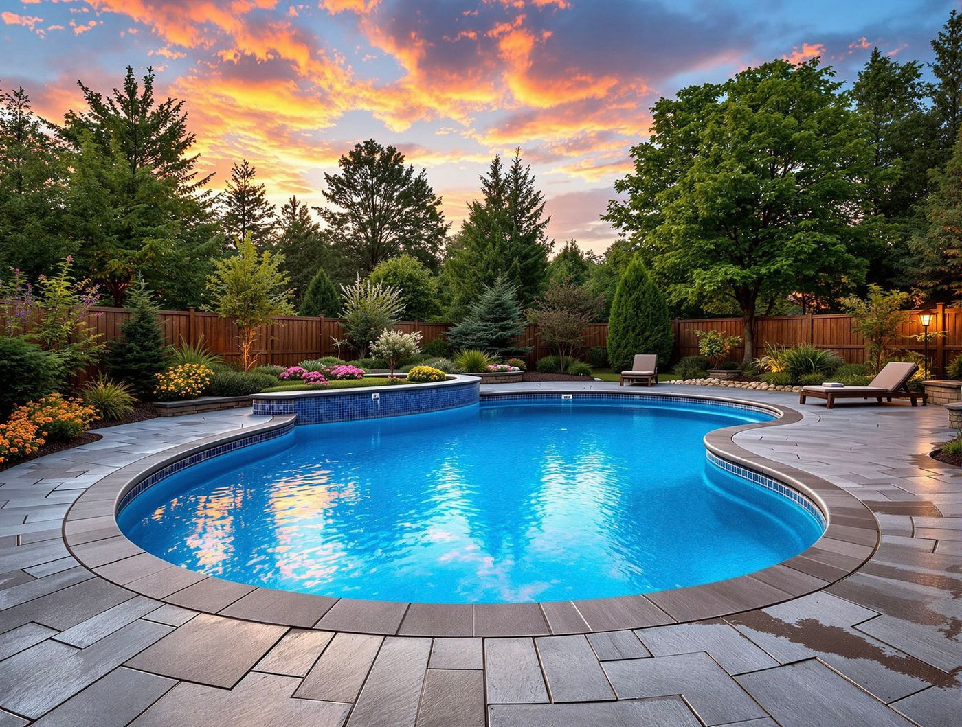 Freeform Pool Under a Colorful Sunset Sky