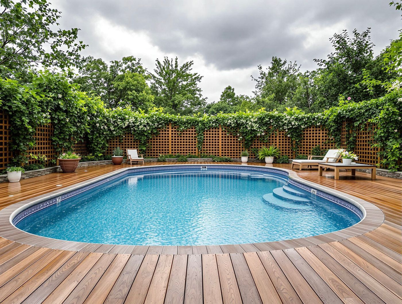 Oval Pool Framed by Vine-Covered Lattice