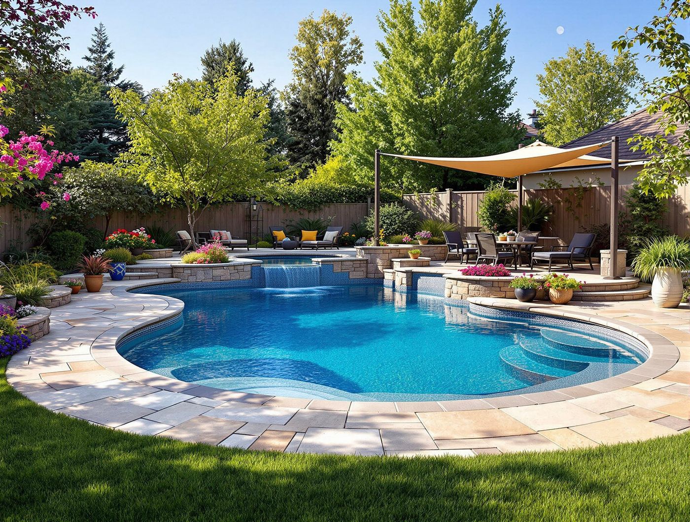 Freeform Pool with Sail Shade and Waterfall Spa