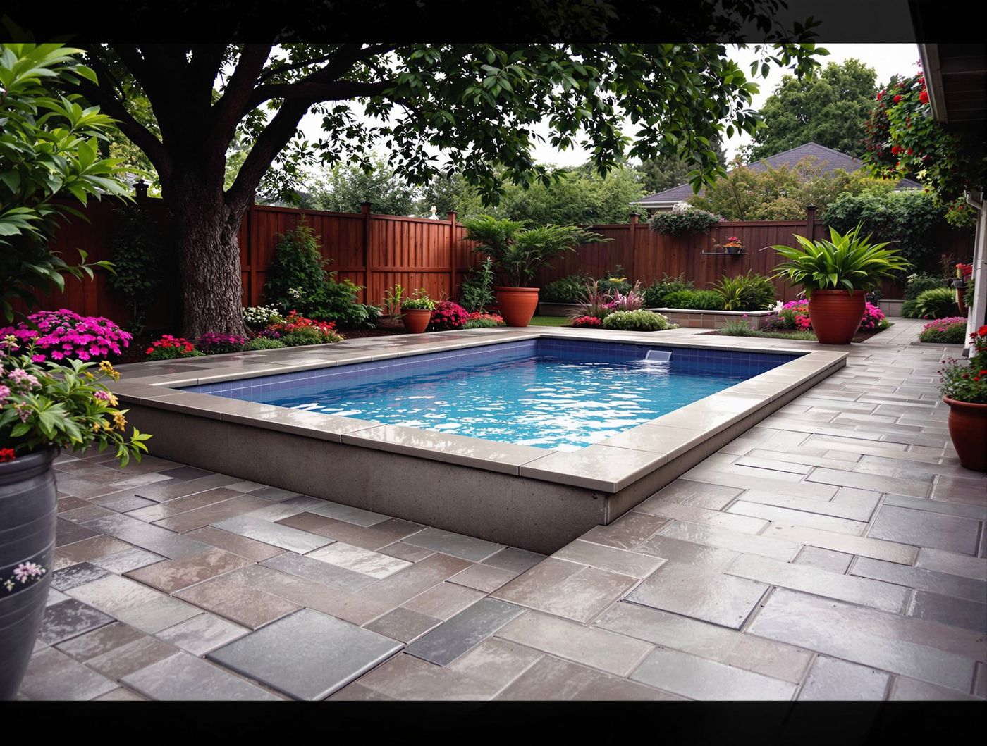 Rectangular Pool with Fountain Jet at Twilight