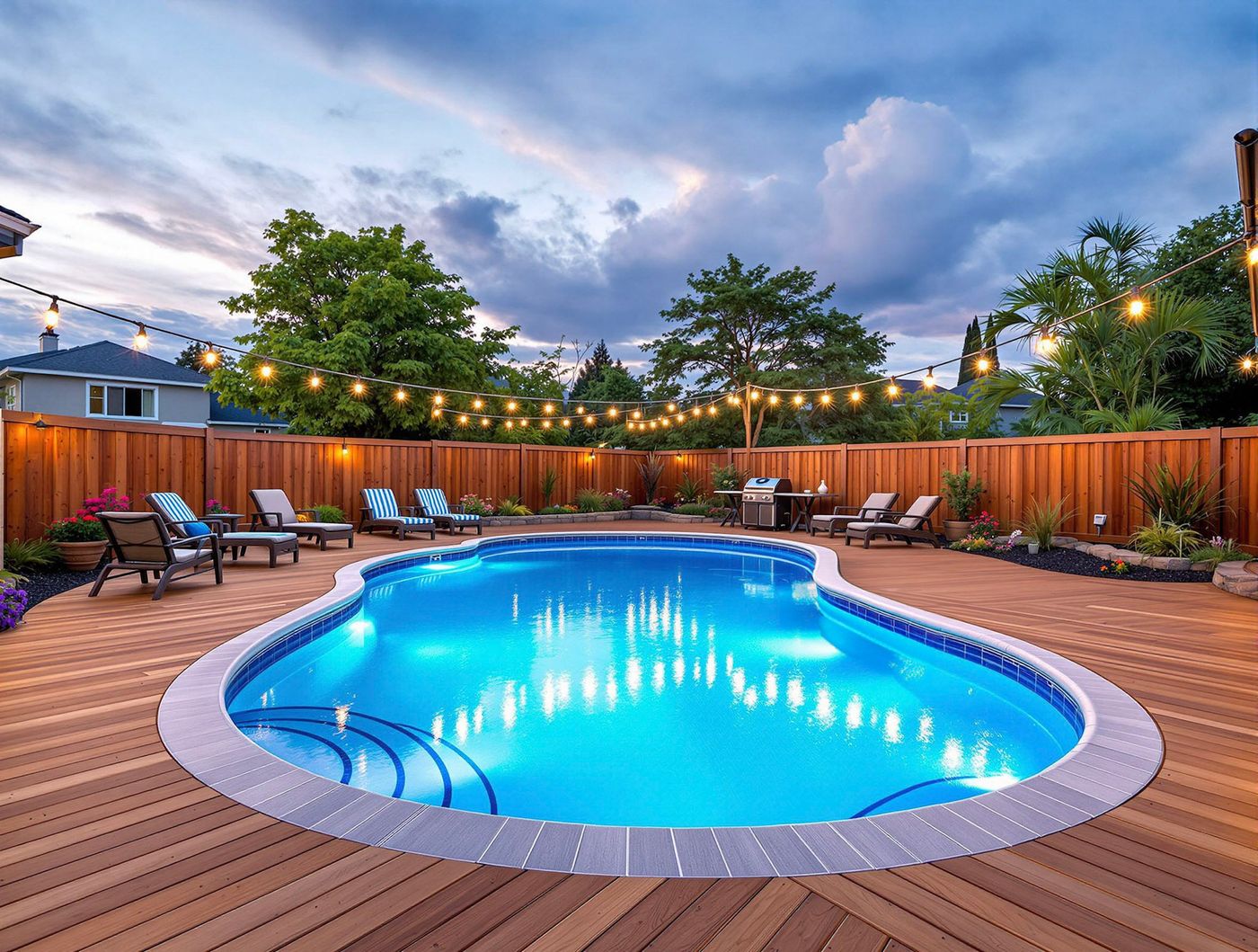 Freeform Pool with String Lights and Palms
