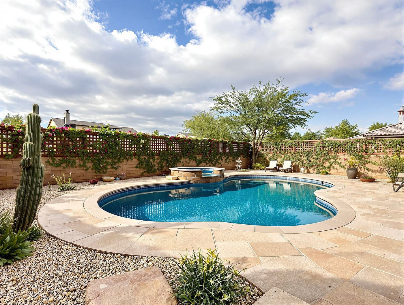 Desert Pool with Cactus and Vine-Covered Trellis
