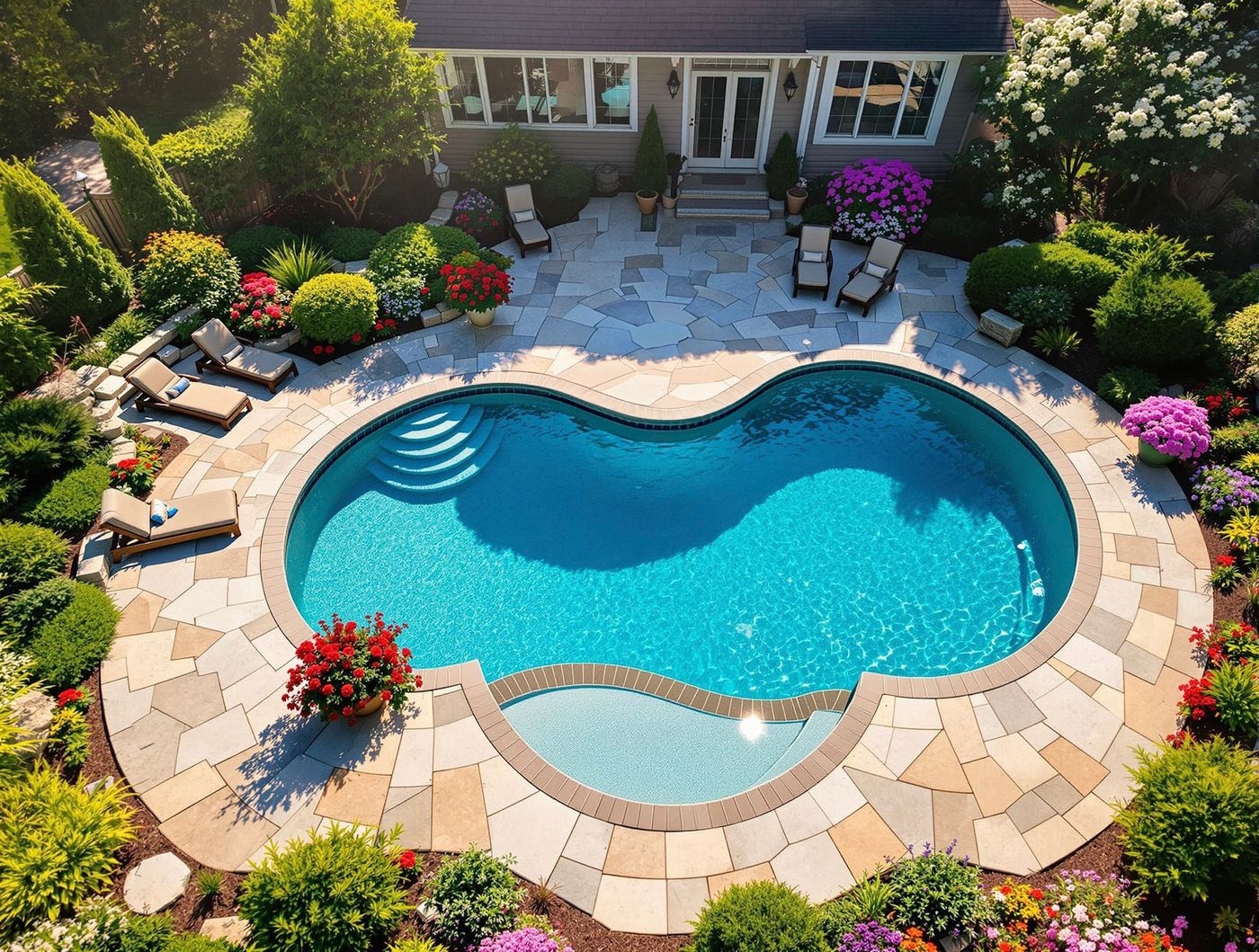 Kidney Pool Framed by Colorful Flower Beds
