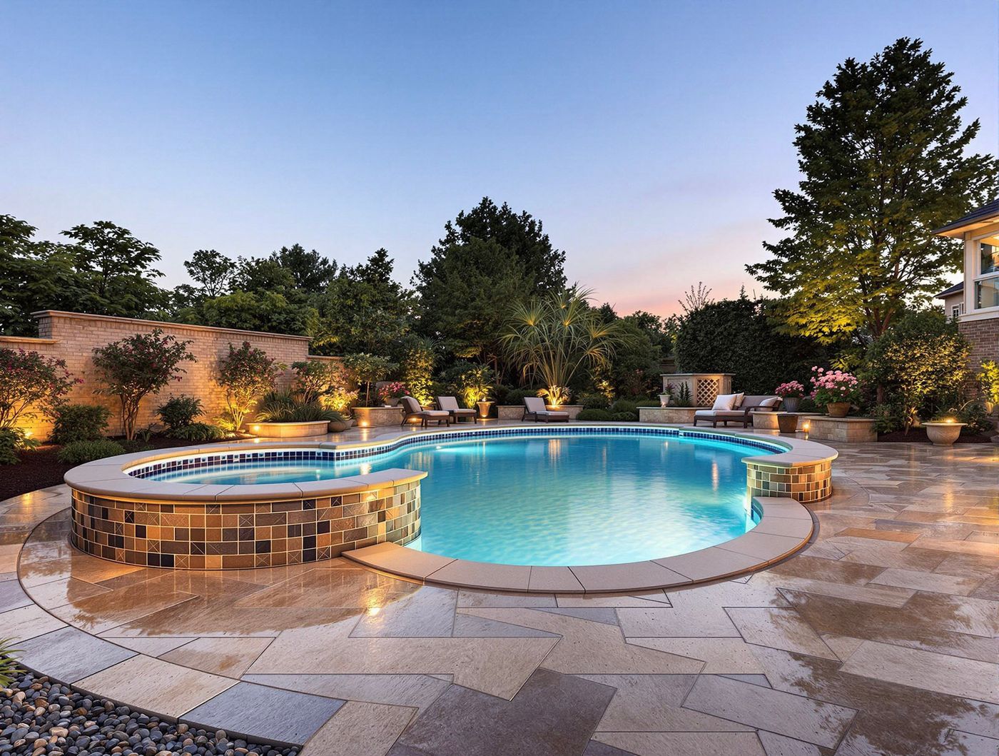 Freeform Pool with Raised Tile Spa at Dusk