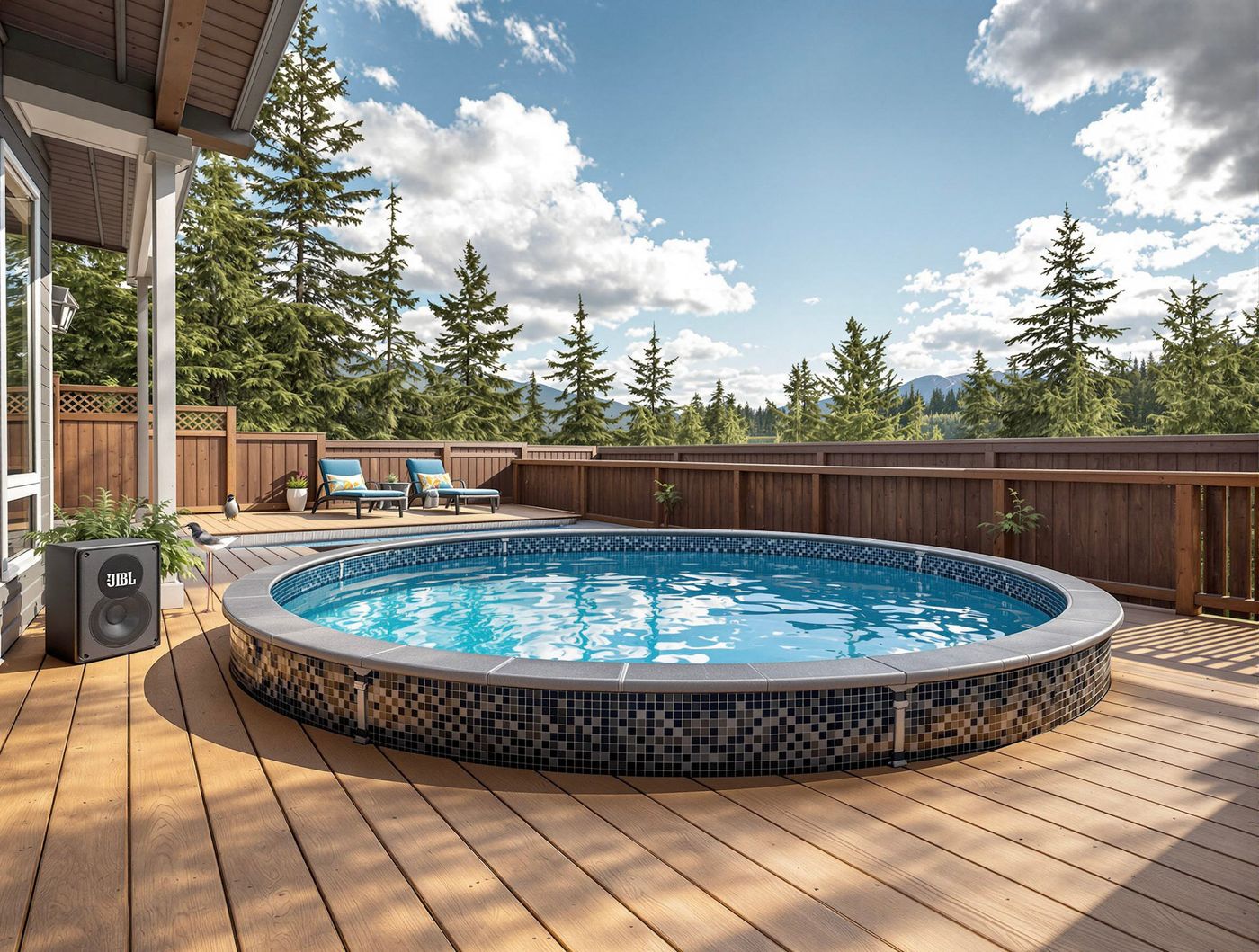 Round Deck Pool with Mosaic Tile Wall