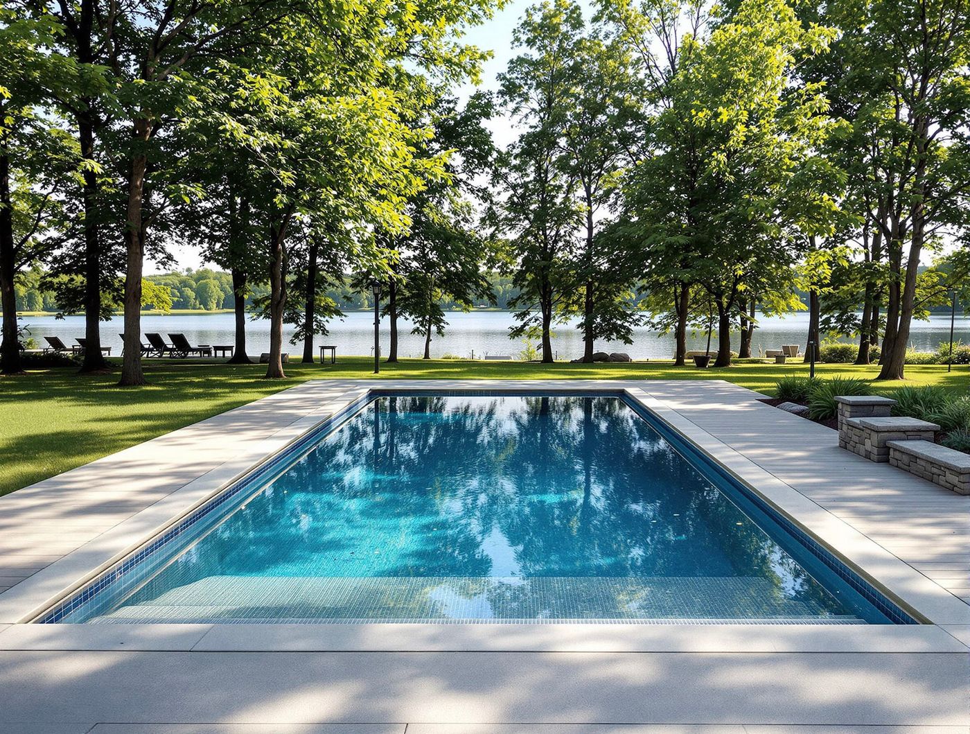 Lakefront Pool with Reflective Glass Tile