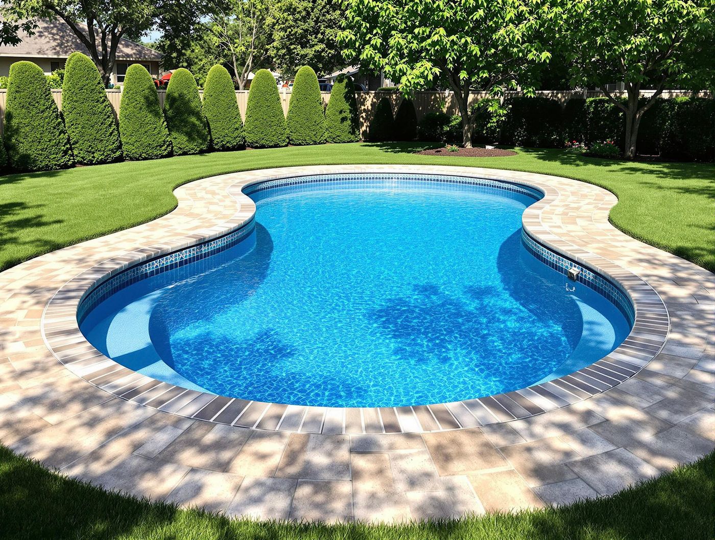 Curved Pool Bordered by Manicured Shrubs