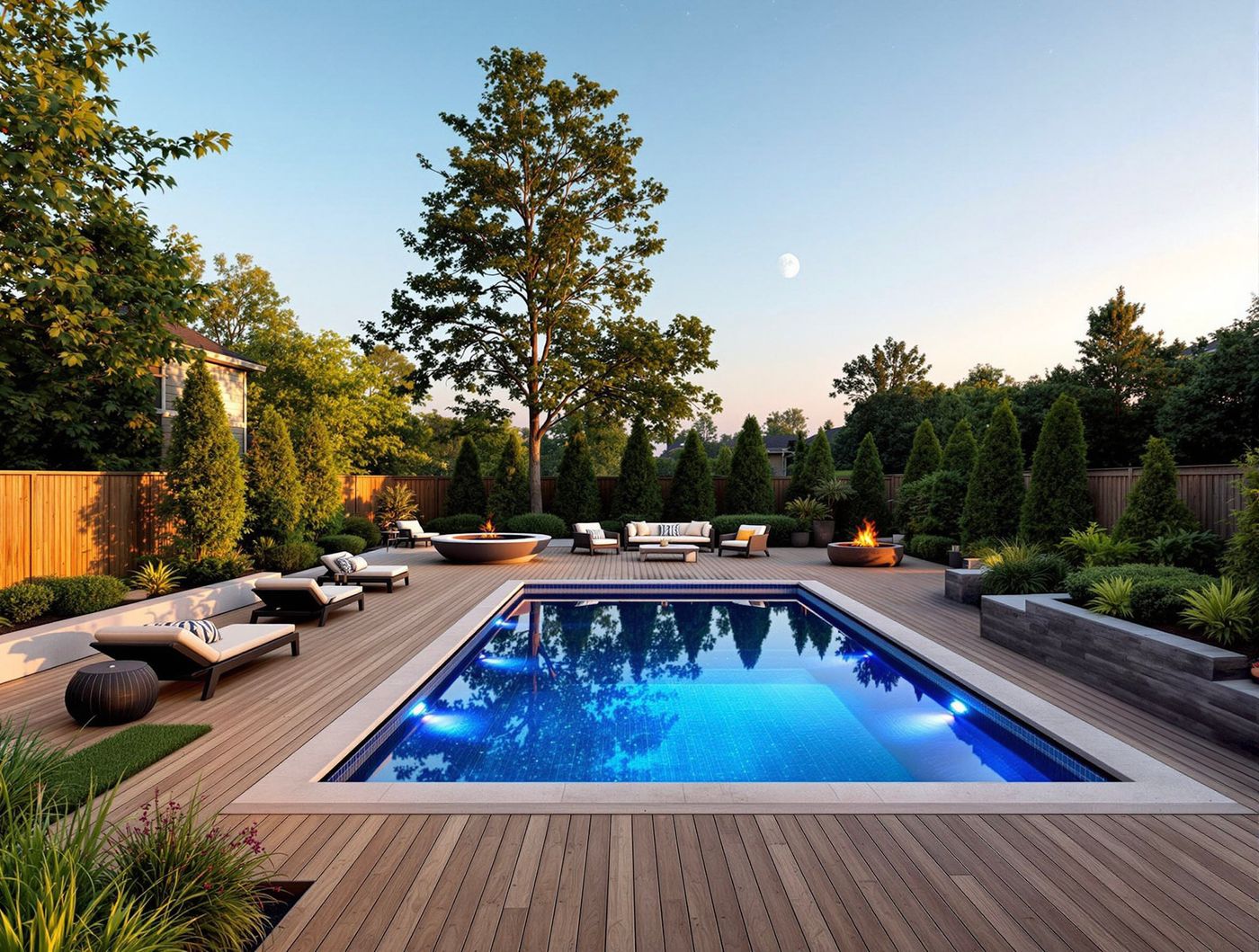 Wood Deck Pool with Twilight Fire Bowls