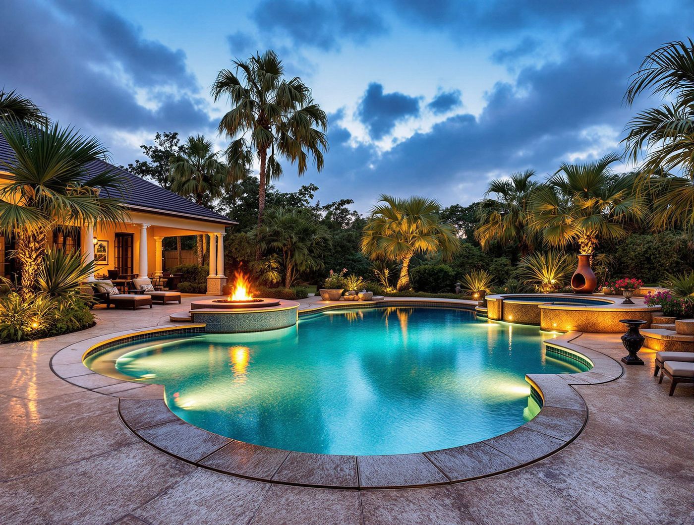 Tropical Pool with Fire Pit at Dusk