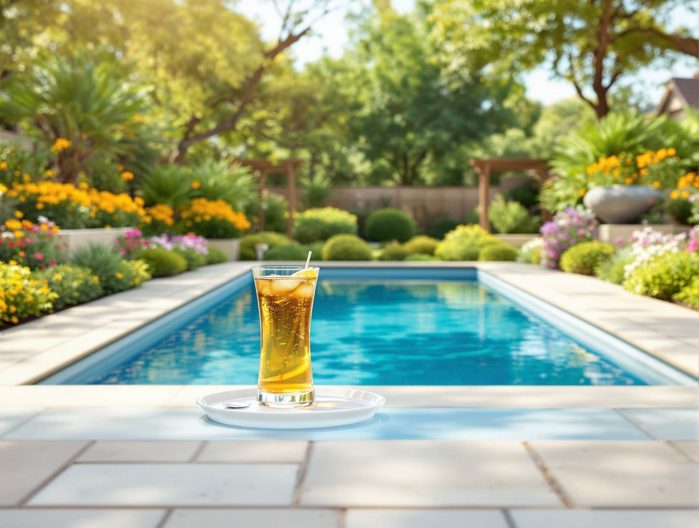 Iced Tea Poolside in a Flower Garden